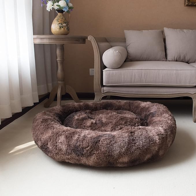 Oval Calming Donut Cuddler Dog Bed,Shag Faux Fur Cat Bed Washable Round Pillow Pet Bed(30"/36"/43") for Small Medium Dogs (XL(36"x27"x7"), Brown2021)