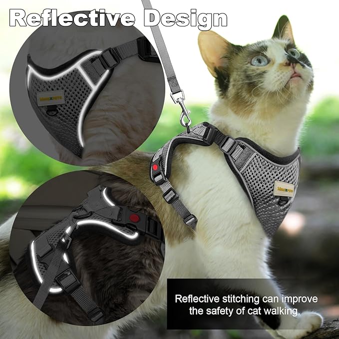 Cat Harness and Leash for Walking, Retractable Cat Harnesses and Leash Set Escape Proof, Breathable Soft Kitten Small Large Harness for Travel Training and Walking, Grey, S