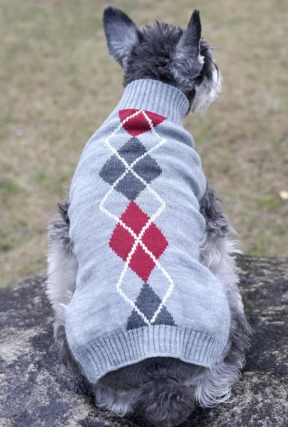 Alemon Grey Argyle Knit Pet Sweaters Clothes for Small Dogs, Classic Gray X-Small (XS) Size