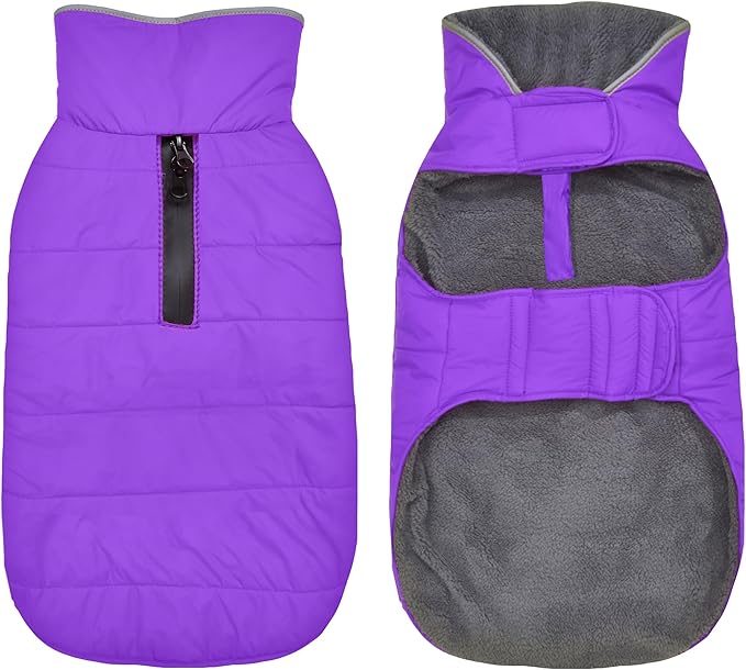 Dog Winter Coat, Waterproof Dog Jacket with Leash Hole, Reflective Adjustable Pet Snow Vest, Warm Fleece Sweater for Small Medium Large Dogs - Purple, XS