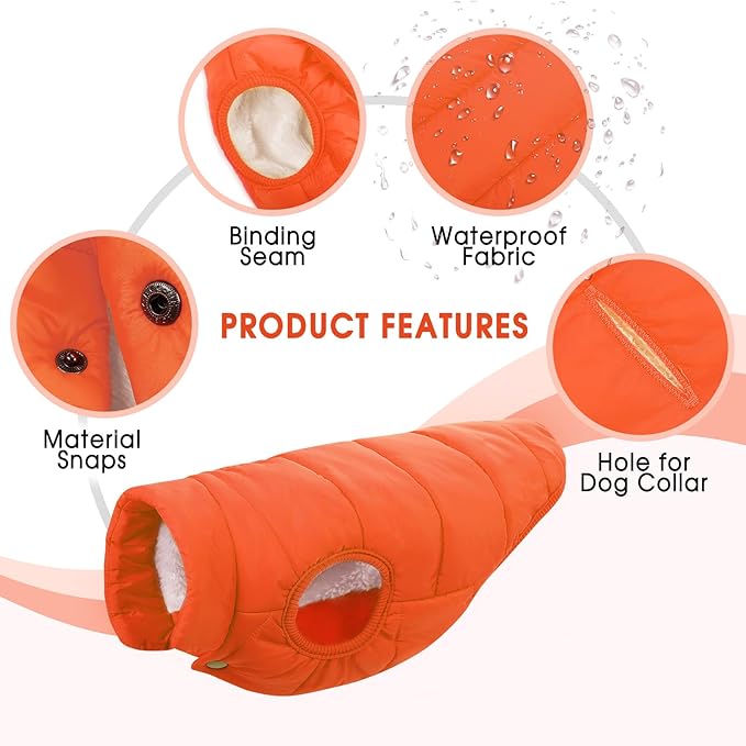 ASENKU Dog Winter Coat - Waterproof Windproof Dog Jacket, Warm Snowproof Doggie Puffer Vest for Cold Weather, Lightweight Snow Coats for Small Medium Large Dogs (Orange, L)