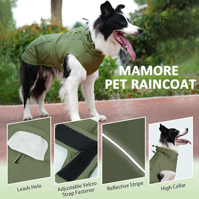 Waterproof Dog Raincoat, Adjustable Lightweight Dog Rain Jacket with Reflective Strip Leash Hole for Small Medium Large Dogs (Green, XX-Large(55-77lb))