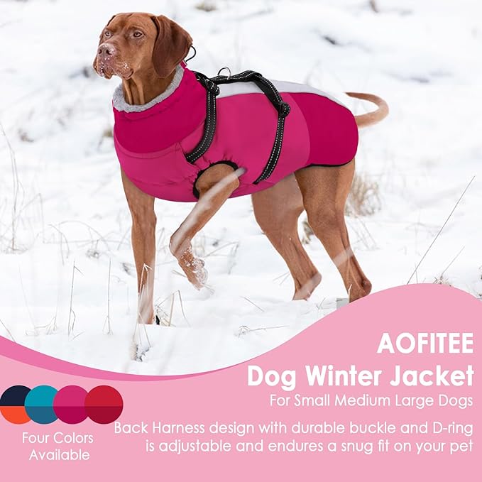 AOFITEE Dog Coat, Windproof Turtleneck Dog Jacket with Built in Harness, Reflective Dogs Jackets with Fleece Lining, Waterproof Pet Winter Coat for Cold Weather for Border Collie, Beagle, Hot Pink XL