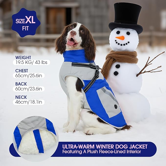 FUAMEY Dog Winter Jackets for Medium Dogs,Dog Coat with Harness Built in,Waterproof Dogs Snowsuits Warm Pet Jacket Zip Up Fleece Cold Weather Coats Reflective Puppy Vest with Pocket Blue M