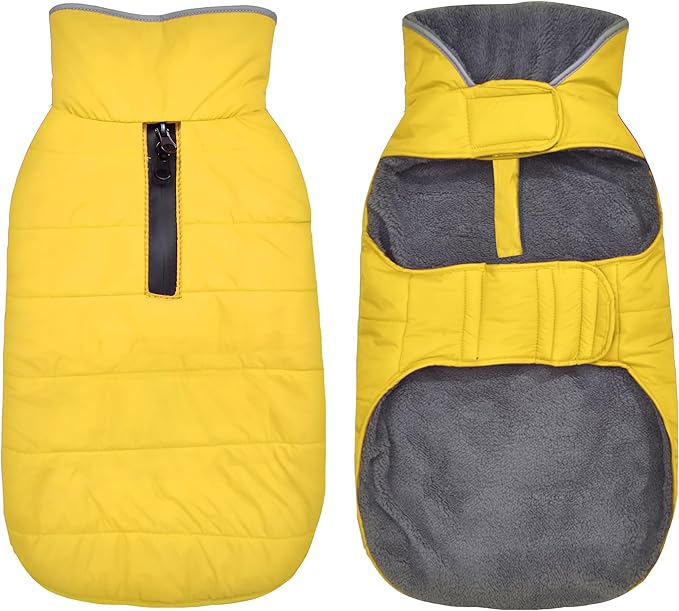 Dog Winter Coat, Waterproof Dog Jacket with Leash Hole, Reflective Adjustable Pet Snow Vest, Warm Fleece Sweater for Small Medium Large Dogs - Yellow, XS