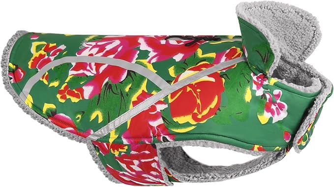 VIVAGLORY Frostfit Dog Coat, Dog Jacket for Winter & Cold Weather, Warm Fluffy Fleece Lined Water Resistant Reflective for Puppy, Coat with Velcro Fastening & Leash Hole, S, Northeast Florals-Green