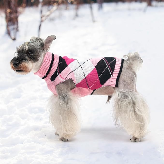 KOOLTAIL Dog Sweater Pet Knitted Clothes - Classic Plaid Pull Over Turtleneck Dog Sweaters with Leash Hole Warm Dogs Winter Clothing for Small Medium Dogs Cats Puppy SM