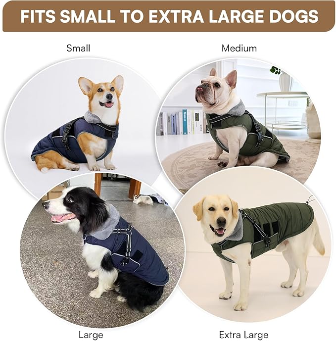 Queenmore XXXL Dog Coats for Extra Large Dogs Winter with Harness Built-in, Warm Waterproof Snow Jacket Large, Cold Weather Outdoor Puffer Coat - Fleece Lining Velcro Closure Reflective Easy On, Navy