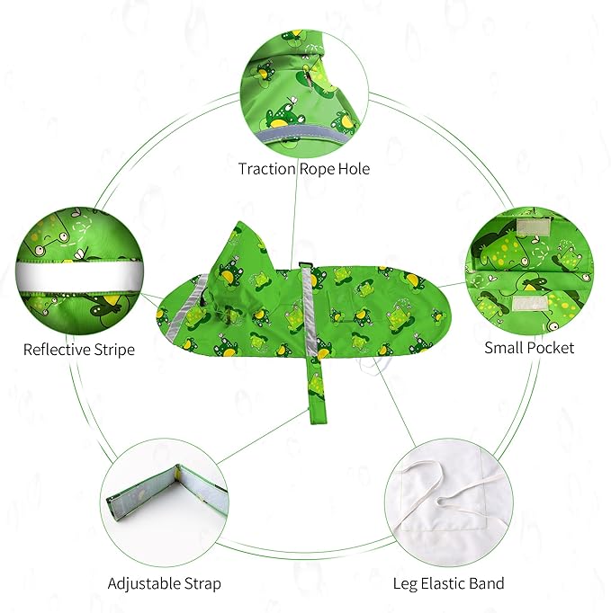 NACOCO Large Dog Raincoat Adjustable - Pet Frog Water Proof Clothes Lightweight Rain Jacket Poncho Hoodies with Strip Reflective Green (L, Green Frog)