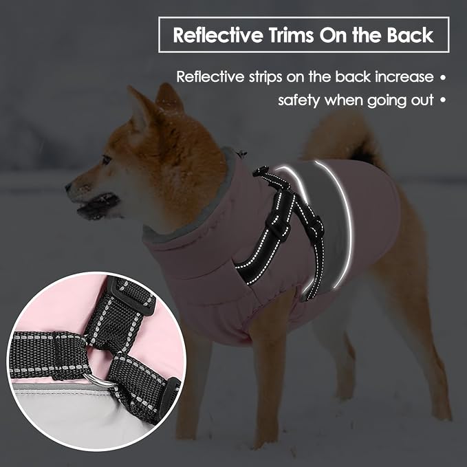 SUNFURA Dog Coat, XXL Dog Jacket Winter with Harness Built in, Waterproof Pet Snow Jacket with Furry Collar for Chilly Day, Reflective Fleece Snowsuit for Extra Large Dogs, Pink 2XL