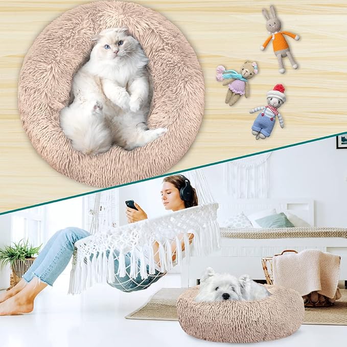 PetAmi Calming Dog Bed for Small Medium Dog Cat, Round Donut Dog Bed Washable, Fluffy Faux Fur Plush Cuddler Pet Kitten Cushion Bed, Anti-Slip, Fits up to 25 lbs, 23 inch, Taupe