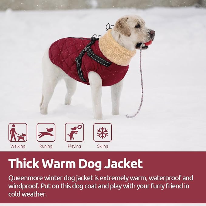 Queenmore Dog Jackets for Large Dogs, Dog Coat with Harness Built-in, Thick Fleece Lining Waterproof Jacket for Large Breeds, Back Zipper Pet Winter Jacket for Retriever, Labrador, Burgundy XL