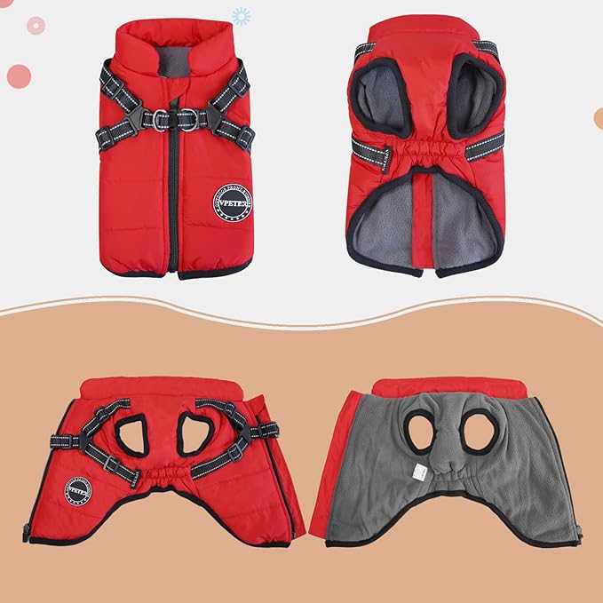 Dog Winter Coat, Warm Padded Fleece Vest with Built-in Harness, Waterproof Windproof Reflective Cozy Snow Pet Coat Clothes for Small Medium Dogs