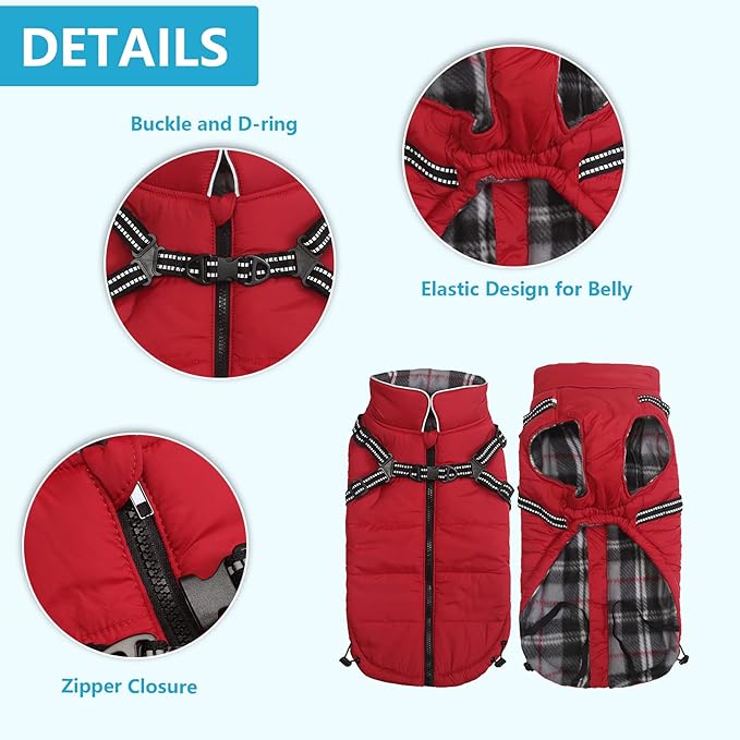Geyecete Winter Warm Coat Waterproof Dog Jacket with Harness Traction Belt,Pet Outdoor Jacket for Small Dogs-Red-XS