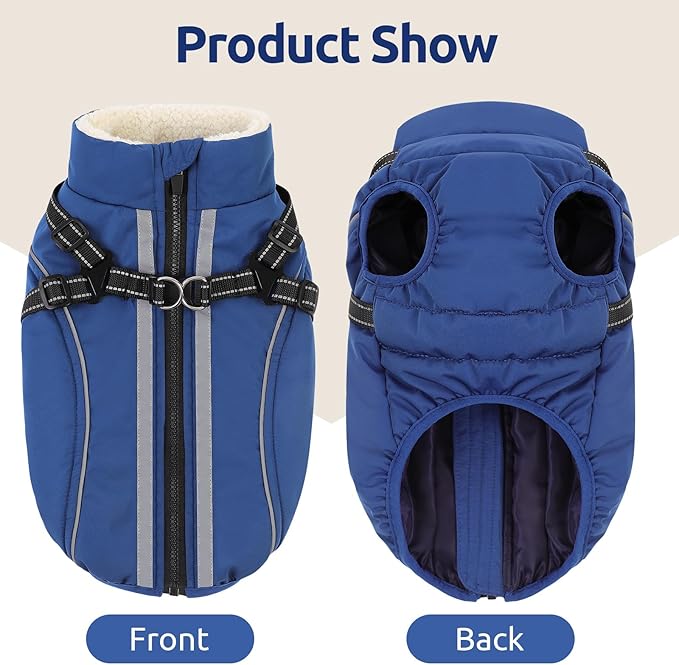 Dog Winter Coat with Harness Built in Warm Puffer Dog Jackets for Small Medium Large Dogs Windproof Waterproof Outfit with Plush Lining and Reflective Stripes (Blue, S)