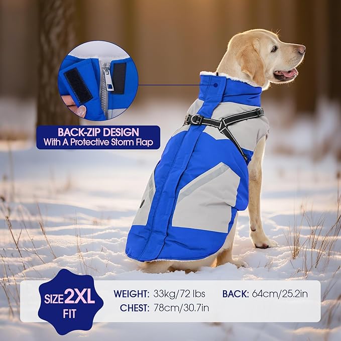 FUAMEY Dog Winter Jackets for Medium Dogs,Dog Coat with Harness Built in,Waterproof Dogs Snowsuits Warm Pet Jacket Zip Up Fleece Cold Weather Coats Reflective Puppy Vest with Pocket Blue M