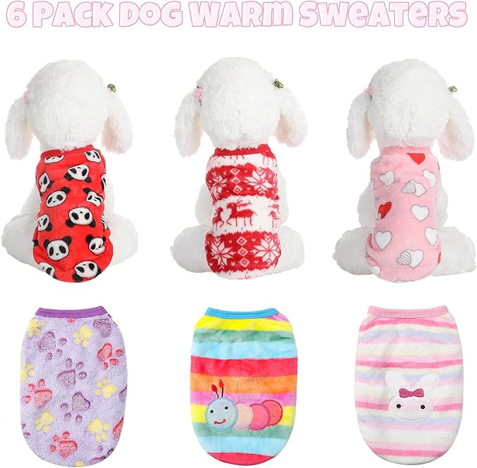 6 Pcs Puppy Clothes for Christmas Winter Warm Cute Pet Sweaters Flannel Dog Vest Paw Print Cat Clothes for Chihuahua Dachshunds Male Female Puppy(Animal Pattern,L(Body Length:13.8” Chest:17.7”))