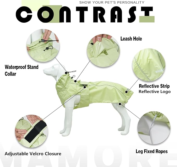 Waterproof Dog Raincoat with Reflective Strip, Adjustable Breathable Rain Coat Jacket with Leash Hole for Dogs (Light Green, X-Small)