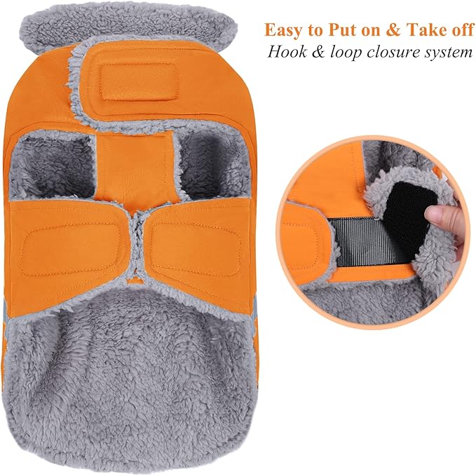 VIVAGLORY Frostfit Dog Coat, Dog Jacket for Winter & Cold Weather, Warm Fluffy Fleece Lined Water Resistant Reflective for Puppy, Coat with Velcro Fastening & Leash Hole, L, Orange