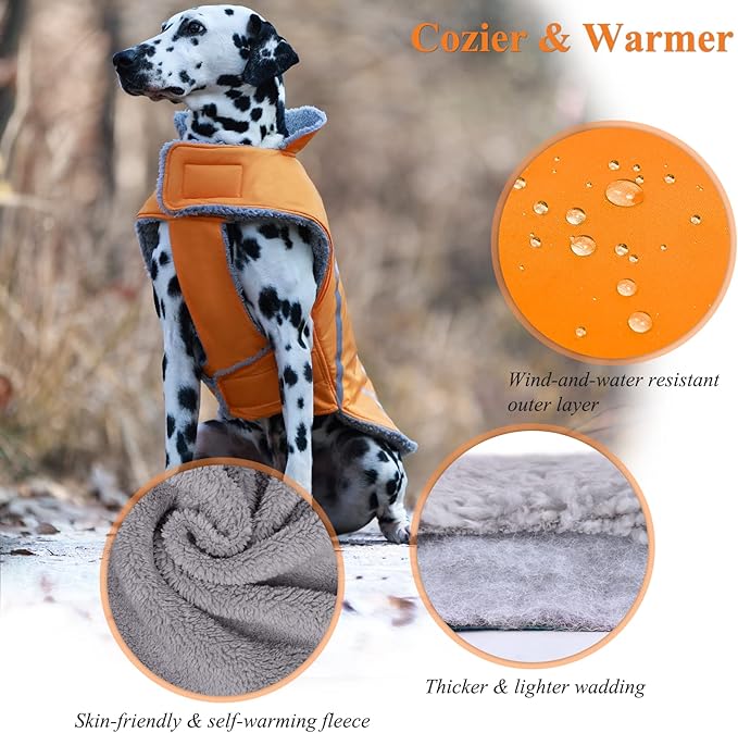 VIVAGLORY Frostfit Dog Coat, Dog Jacket for Winter & Cold Weather, Warm Fluffy Fleece Lined Water Resistant Reflective for Puppy, Coat with Velcro Fastening & Leash Hole, M, Orange