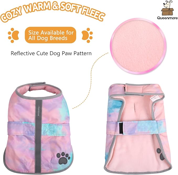 Queenmore Dog Winter Coat, Cold Weather Fleece Jacket for Dogs, Waterproof Reflective Reversible, for Small, Medium and Large Dogs (Tie-Dye, L)