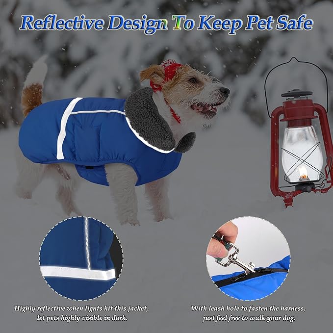 Dogcheer Warm Dog Coat, Waterproof Dog Jacket Christmas Puppy Winter Coat with Buckle, Reflective Adjustable Pet Snow Jacket Turtleneck Fleece Sweater for Small Medium Large Dogs - Blue, L