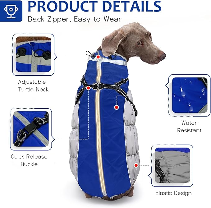 Dog Winter Coat with Harness, Dog Jacket, Pet Clothes with Zipper on Back, Waterproof Windproof Warm Vest, Reflective Cold Weather Coats, for Small Medium Large Dogs, Thick, Blue, 3XL