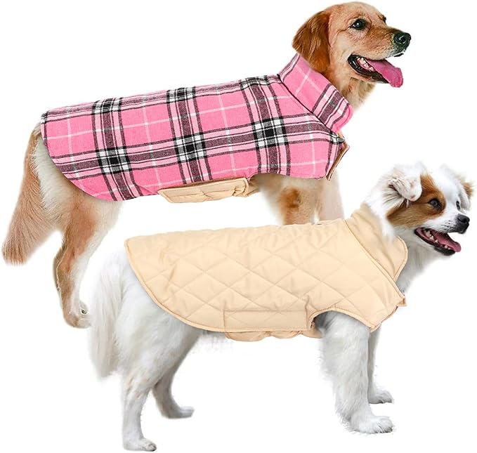 MIGOHI Reversible Dog Coat, Windproof Waterproof Winter Jacket, British Style Plaid, Warm Dog Vest for Small Medium Large Dogs, Pink, M