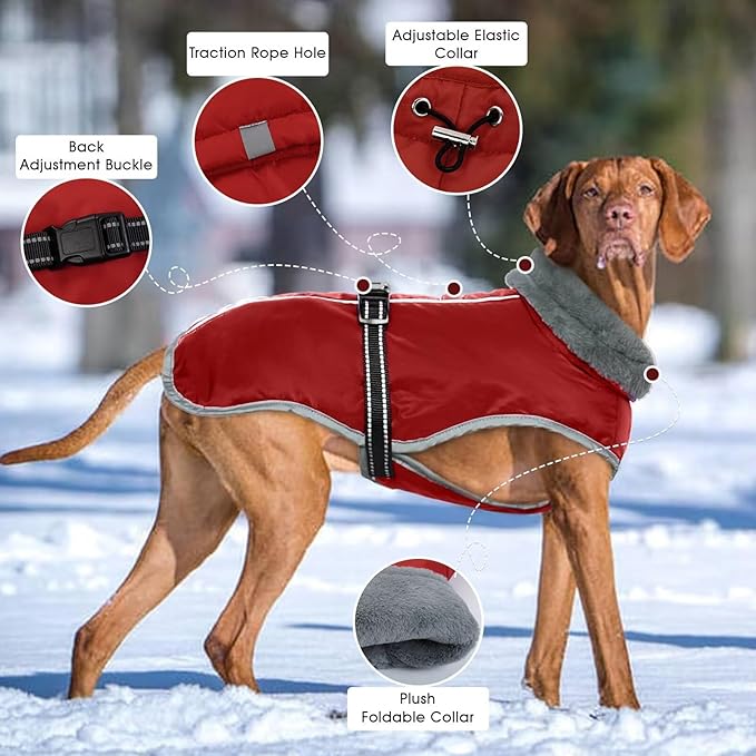 Warm Dog Jacket,3XL Dogs Reflective Adjustable Winter Coat with Turtleneck for Cold Weather,Waterproof Fleece Snowsuit Large Dogs,Pet Cold Weather Coats,Dog Winter Coat Windproof,Red,3XL