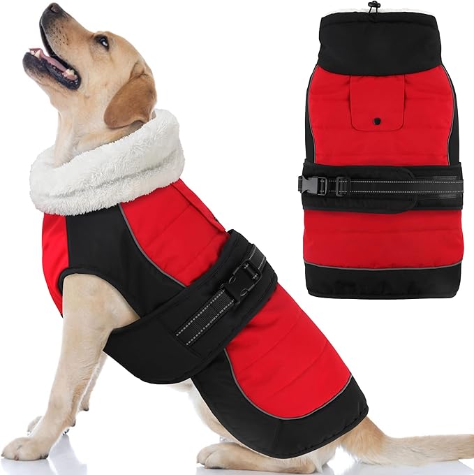 Dogcheer Dog Coat, Christmas Dog Jacket, Waterproof Turtleneck Puppy Winter Coat, Adjustable Pet Puffer Jacket, Reflective Warm Fleece Coats for Small Medium Large Dogs - Red, L
