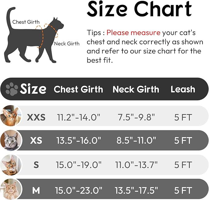 Dooradar Cat Harness and Leash Set, Escape Proof Safe Adjustable Kitten Vest Harnesses for Walking, Easy Control Soft Breathable Mesh Jacket with Reflective Strips for Cats, Black, S