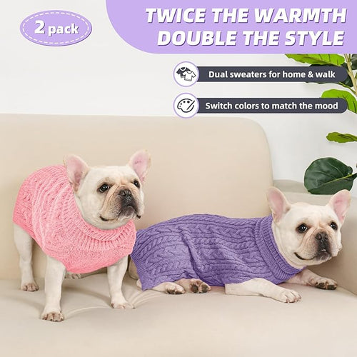 2 Pack Dog Sweaters for Medium Dogs Turtleneck Pullover Cable Knit Stretch Clothes French Bulldog Dachshund Boston Terrier Corgi Beagle Pug Boy Girl Pets Winter Clothes (L, Pink & Purple)