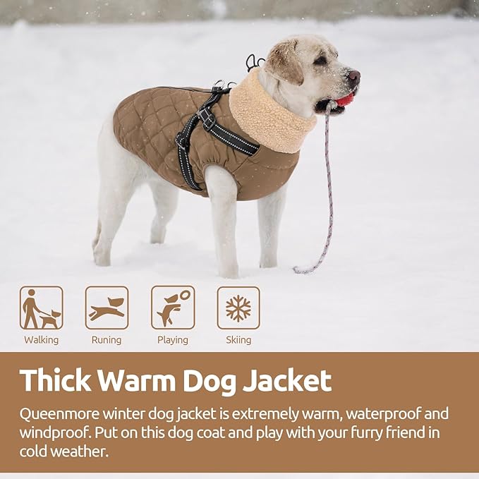 Queenmore Dog Coat, Dog Coats for Small Dogs, Doggy Winter Jacket with Zipper On Back, Waterproof Pet Jacket with Harness Built in, Pet Puffer Coat for Bichon, Schnauzer, Yorkie, Brown S