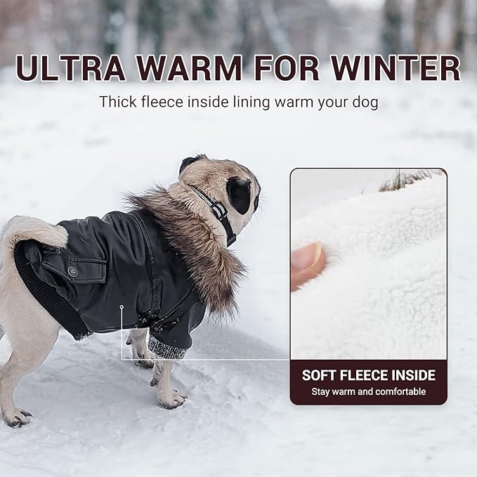 LESYPET Dog Leather Jacket for Small Dogs, Waterproof Dog Winter Jacket Puppy Coat with Fleece Lined, Ultra Warm Fur Collar Doggie Coat, Black XX-Large