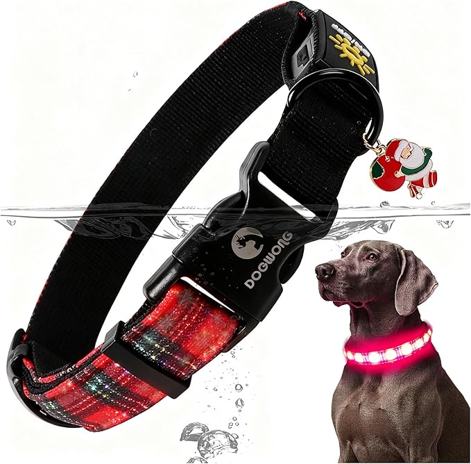 DOGWONG LED Dog Collar - Christmas Red Plaid Heavy Duty Light up Dog Collars - Rechargeable Waterproof - Lighted Dog Collars for Night Walking, Hiking, Camping(Red Plaid,S)