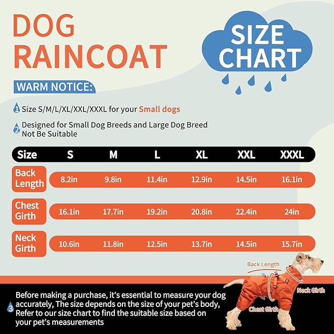 BRKURLEG Dog Raincoat for Small Dogs, Small Dog Rain Jacket with Harness Built in, Waterproof 4 Legs Pet Raincoats, Puppy Outdoor Jacket with Reflective Strip, Orange, XL