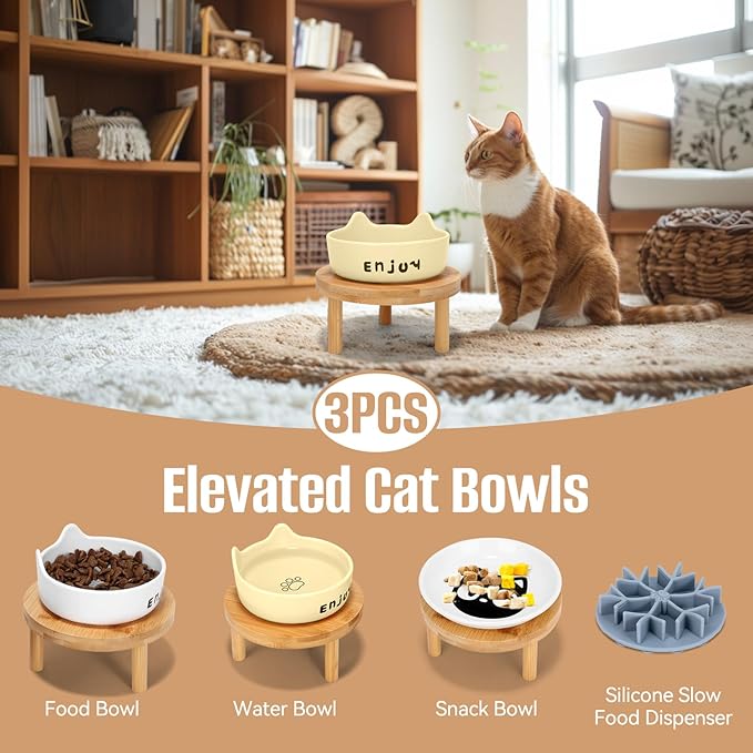 3PCS Elevated Cat Bowls,Wide Raised Ceramic Pet Dishes with Bamboo Stand, Whisker Friendly Pet Water or Food Plates Feeding Station for Indoor Small Dogs, Kitten (Yellow(3PCS))