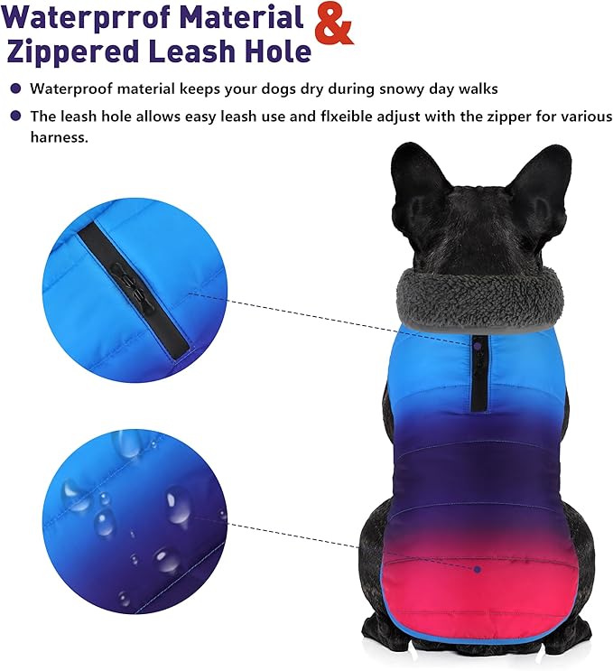 Dog Winter Coat, Waterproof Dog Jacket with Leash Hole, Reflective Adjustable Pet Snow Vest, Warm Fleece Sweater for Small Medium Large Dogs - Gradient Blue, S