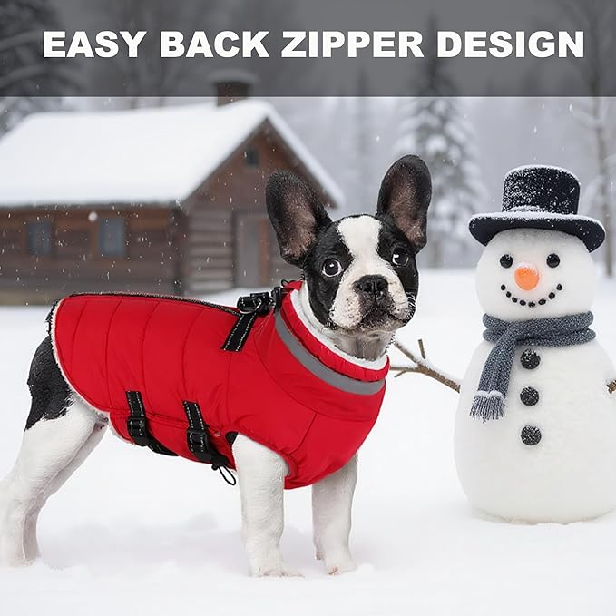 Small Dog Coat with Harness Built-in, Waterproof Reflective Fleece Lined - Warm Windproof Winter Jacket with Back Zipper, Cold Weather Snow Dog Coats - Red - S