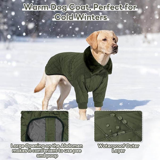 IDOMIK Dog Winter Coat for Large Dogs, Warm Dog Winter Jacket with Fleece High Collar, Zippered Cold Weather Coats for Dogs, Waterproof Doggy Snow Jacket Clothes,Green,2XL