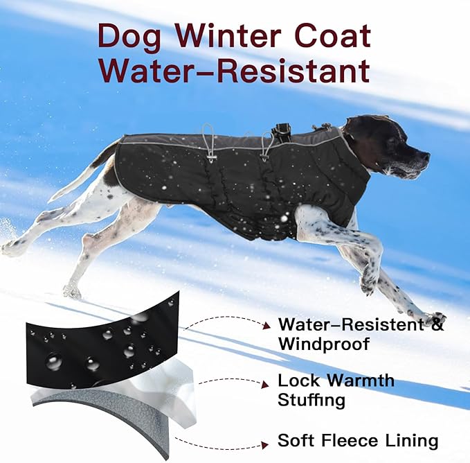 Dog Coat - Warm Zip Up Snowsuit Reflective Water-Resistant Jacket for Large Dogs, Black