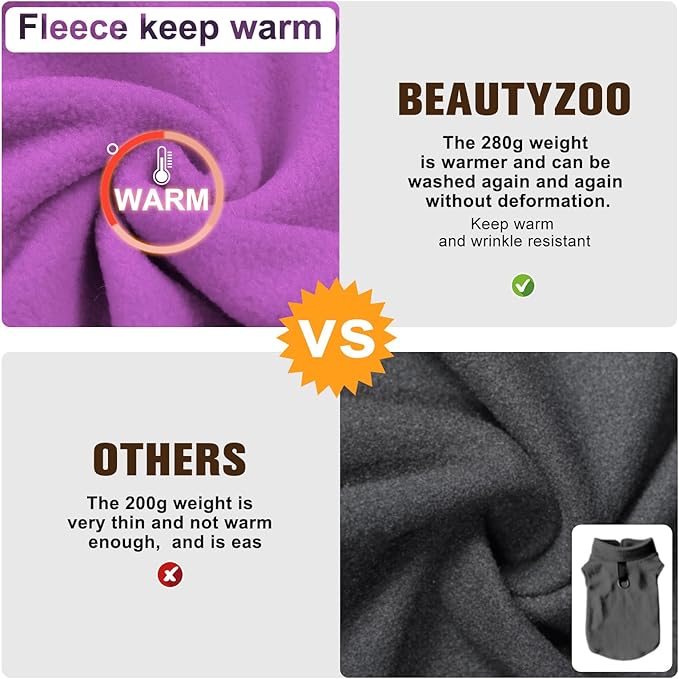 BEAUTYZOO Dog Fleece Vest Sweater Winter Jacket for Small and Medium Large Dogs with D-Ring Leash Cold Weather Coat Hoodie for XS S M Dogs Boy or Girls, Purple XL