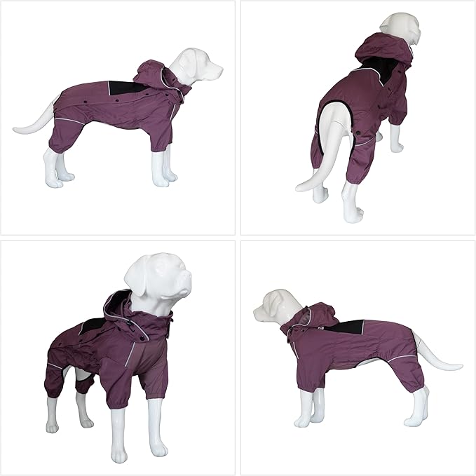 LOVELONGLONG Waterproof Dog Raincoat with Removable Hood – Outdoor Full Body Dog Jacket, Windproof Snowproof Shell Suit – All Season Pet Rain Gear Plum Purple XXS