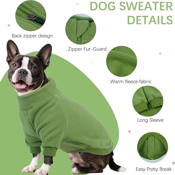BRKURLEG Dog Sweater Dogs Warm Soft Fleece Sweaters, Turtleneck Sweatshirt for Small Medium Large Dogs, Dog Winter Coat, French Bulldog Pullover Jacket with Sleeve, Cold Weather Coat (Green, XL)