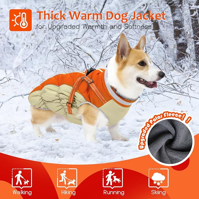 Dog Winter Coat with Harness, Dog Jacket, Pet Clothes with Zipper on Back, Waterproof Windproof Warm Vest, Reflective Cold Weather Coats, for Small Medium Large Dogs, Thick, Orange, 2XL