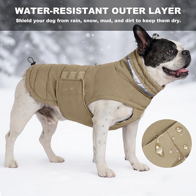 Dog Coat, Waterproof Winter Jacket, Warm Windproof Jacket, Reflective Adjustable Turtleneck Coats for Small Dogs with Hook & Loop - Khaki - S