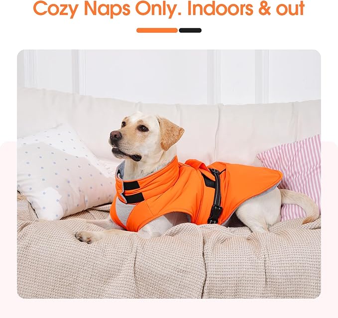XL Dog Coat, Warm Dog Winter Jacket, Waterproof Dogs Snowsuit with Foldable High Collar, Reflective Strips, Leash Hole, and Adjustable Hook & Loop Closure - Ideal for Cold Weather - Orange XL