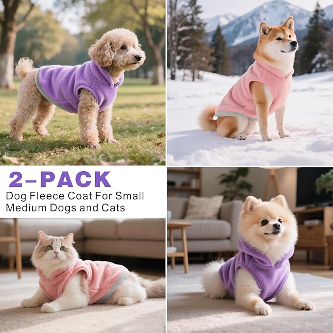 Idepet 2 Pack Dog Fleece Vest Sweater Warm Pullover Jacket with D-Ring Leash Reflective Winter Coat Hoodie for Puppy Cat French Bulldog Pug Chihuahuas Yorkies Dachshunds(Purple&Pink,XX-Large)