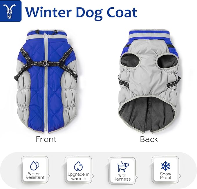 Dog Winter Coat with Harness, Dog Jacket, Pet Clothes with Zipper on Back, Waterproof Windproof Warm Vest, Reflective Cold Weather Coats, for Small Medium Large Dogs, Thick, Blue,XS