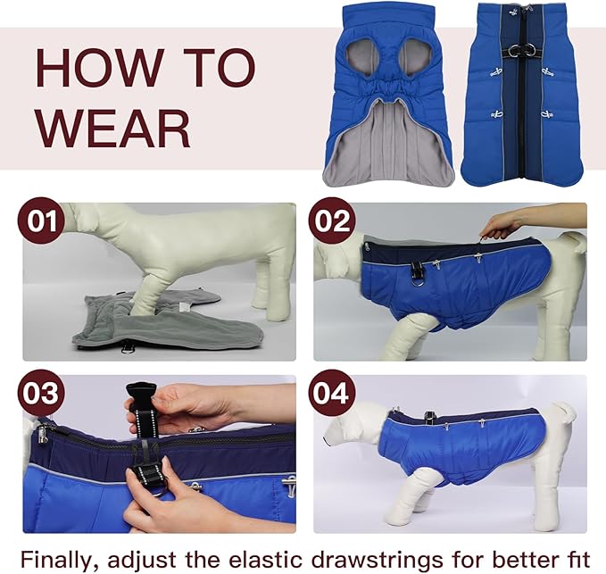 Dog Coat - Warm Zip Up Snowsuit for Large Dogs, Reflective, Water-Resistant, Royal-Blue